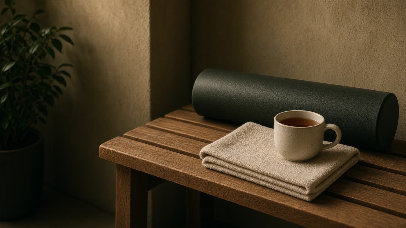 Foam roller, towel, and tea on a wooden gym bench