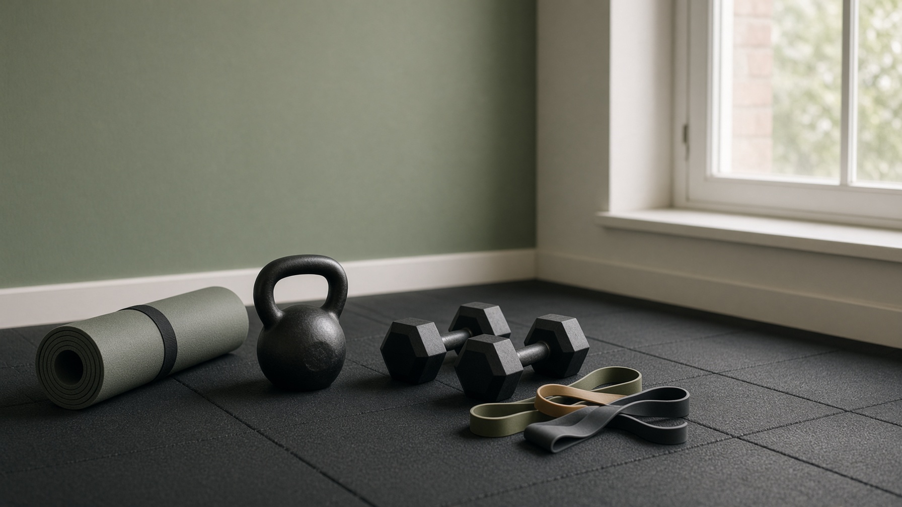 Kettlebell, dumbbells, resistance bands, and a rolled mat by a window in a small home gym