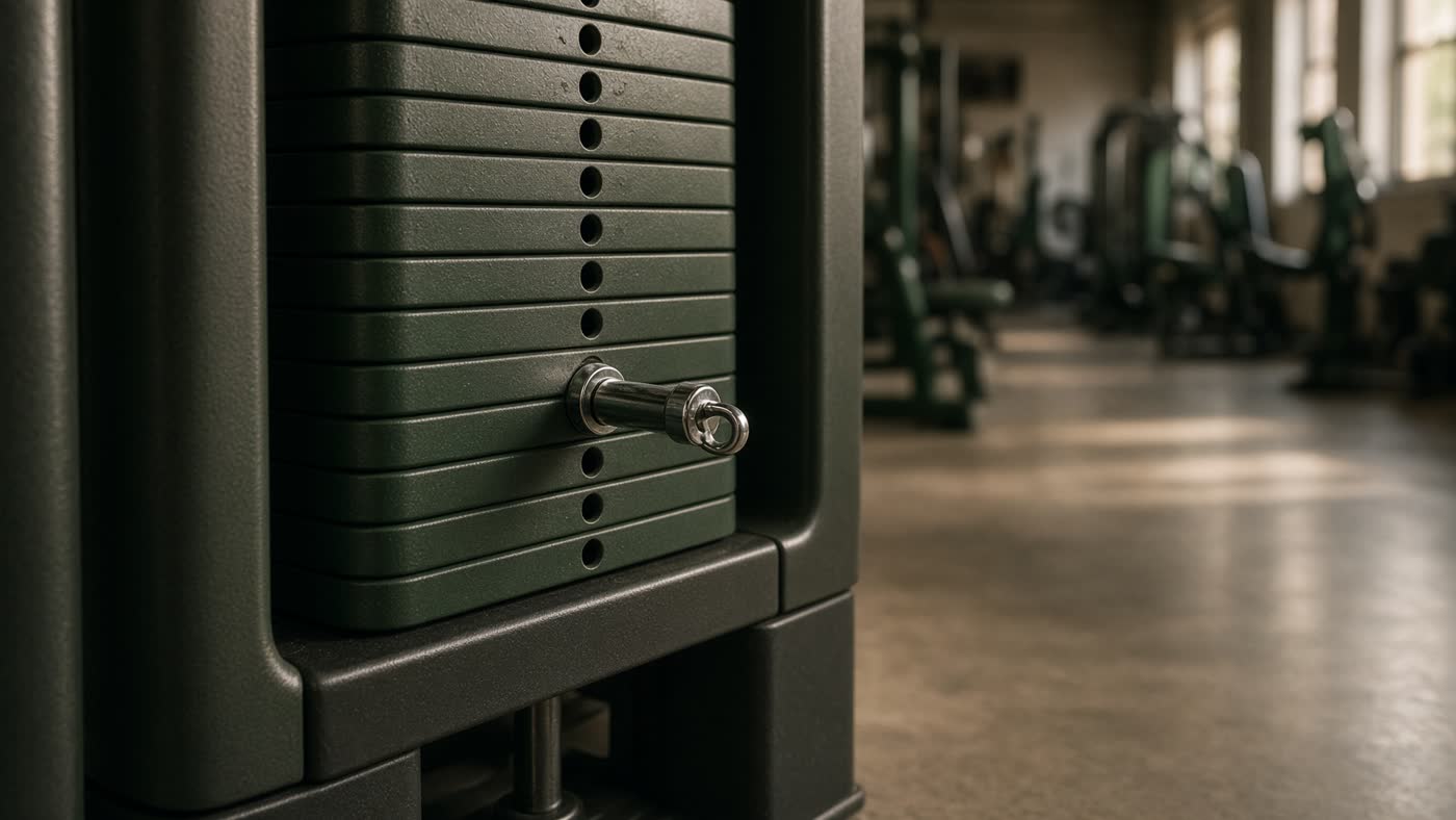 Pin-loaded weight stack in a quiet gym