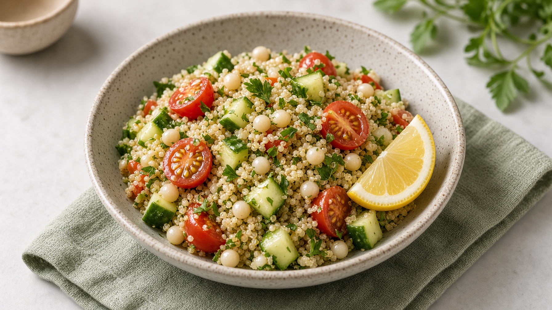 A bowl of quinoa couscous salad with tomatoes, cucumber, herbs, and lemon