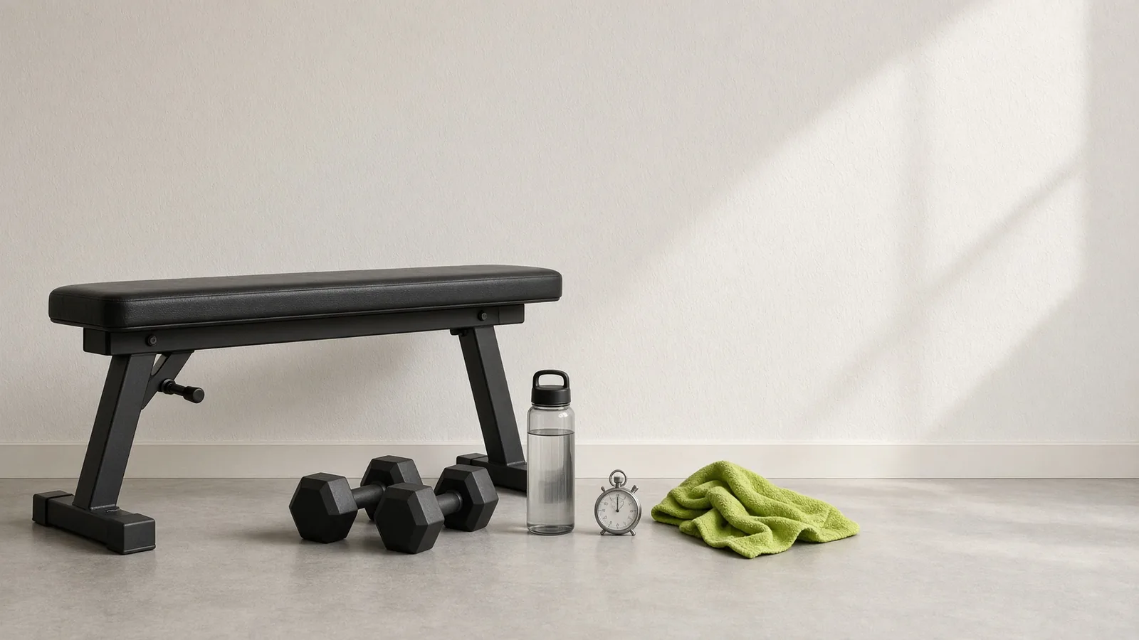 A gym bench with dumbbells, a water bottle, a blank stopwatch, and a lime towel