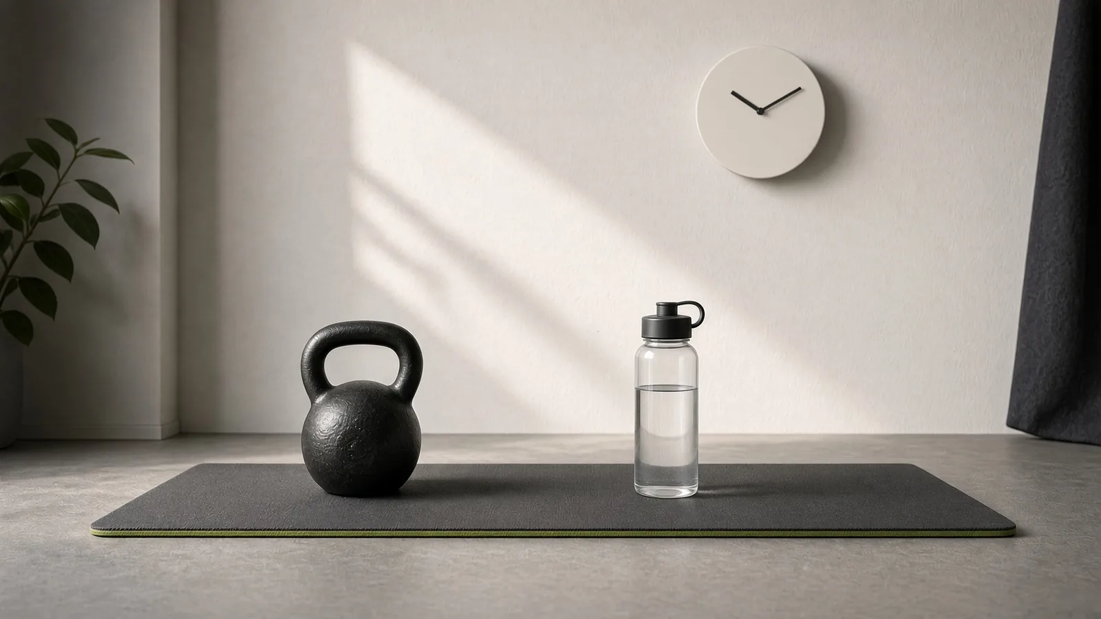 A home training corner with a mat, one kettlebell, a water bottle, and a blank analog clock