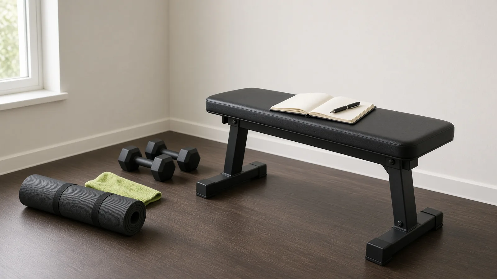 A tidy gym corner with dumbbells, a bench, a rolled mat, a blank notebook, and a lime towel