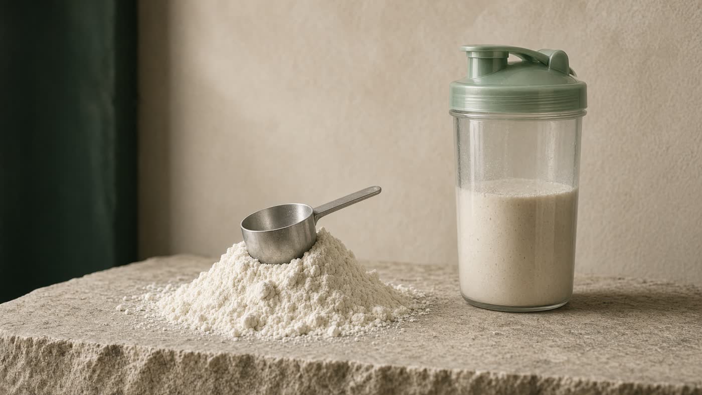 Unbranded protein scoop and a glass shaker